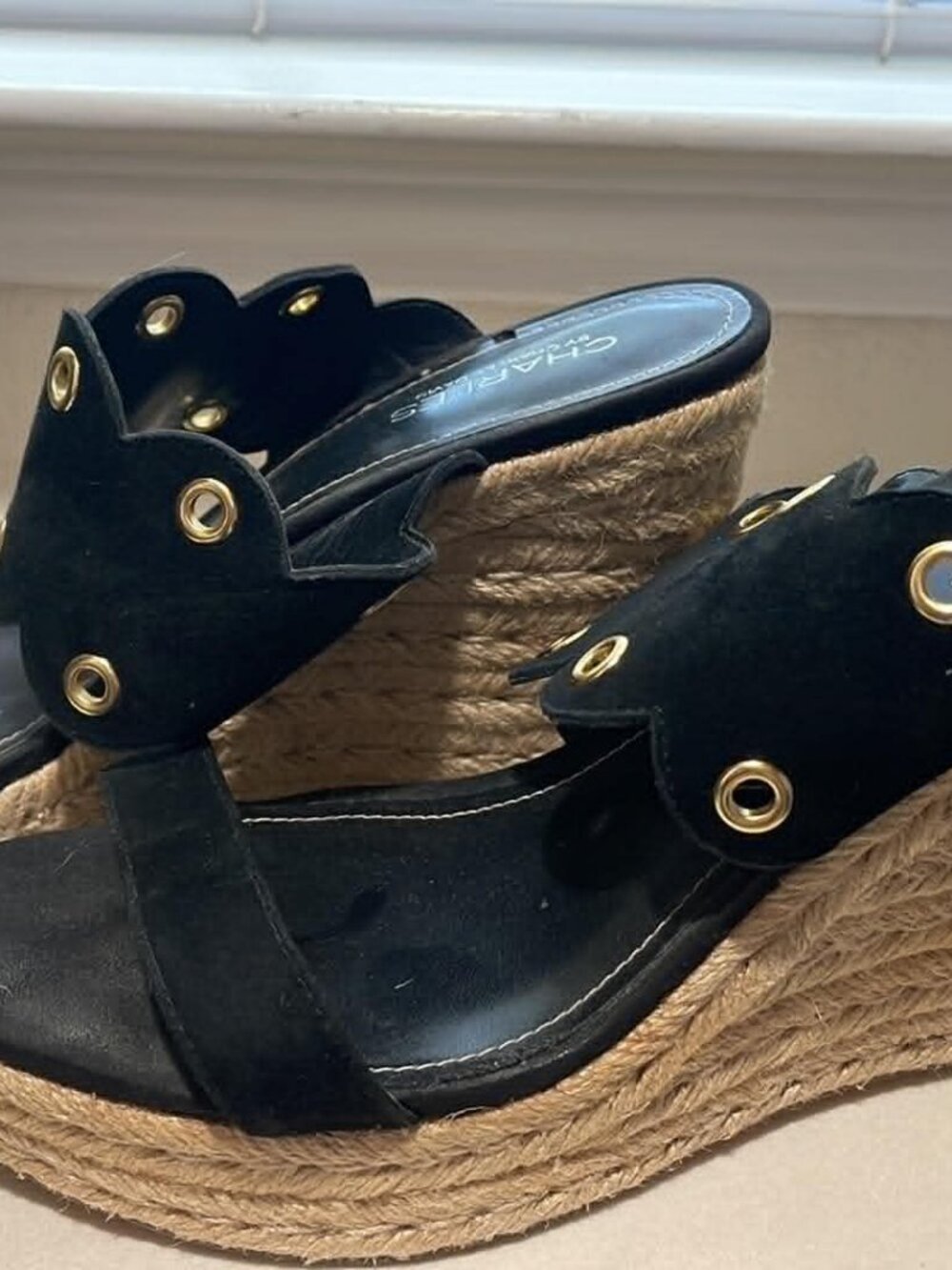 Charles by Charles David Wedge Espadrille Sandals Black Suede with Grommets Sz11 - Picture 3 of 6
